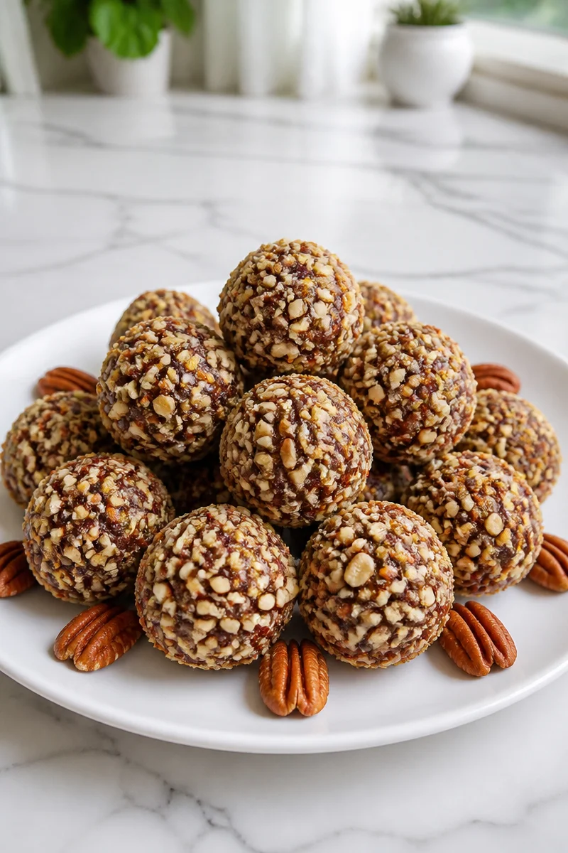 Plate of traditional rum balls coated with pecans, a festive dessert treat
