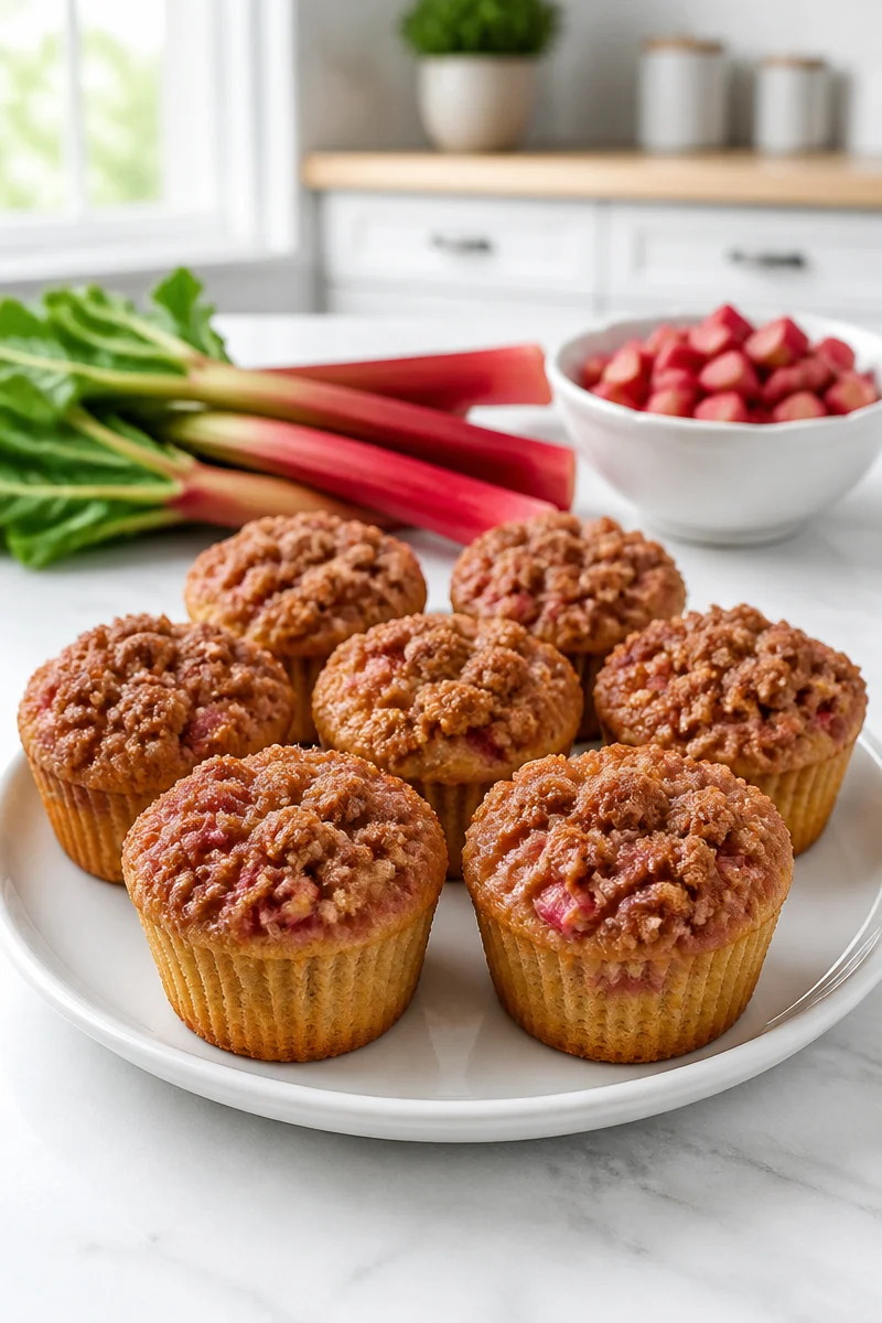 Upside down rhubarb muffins topped with brown sugar crumble