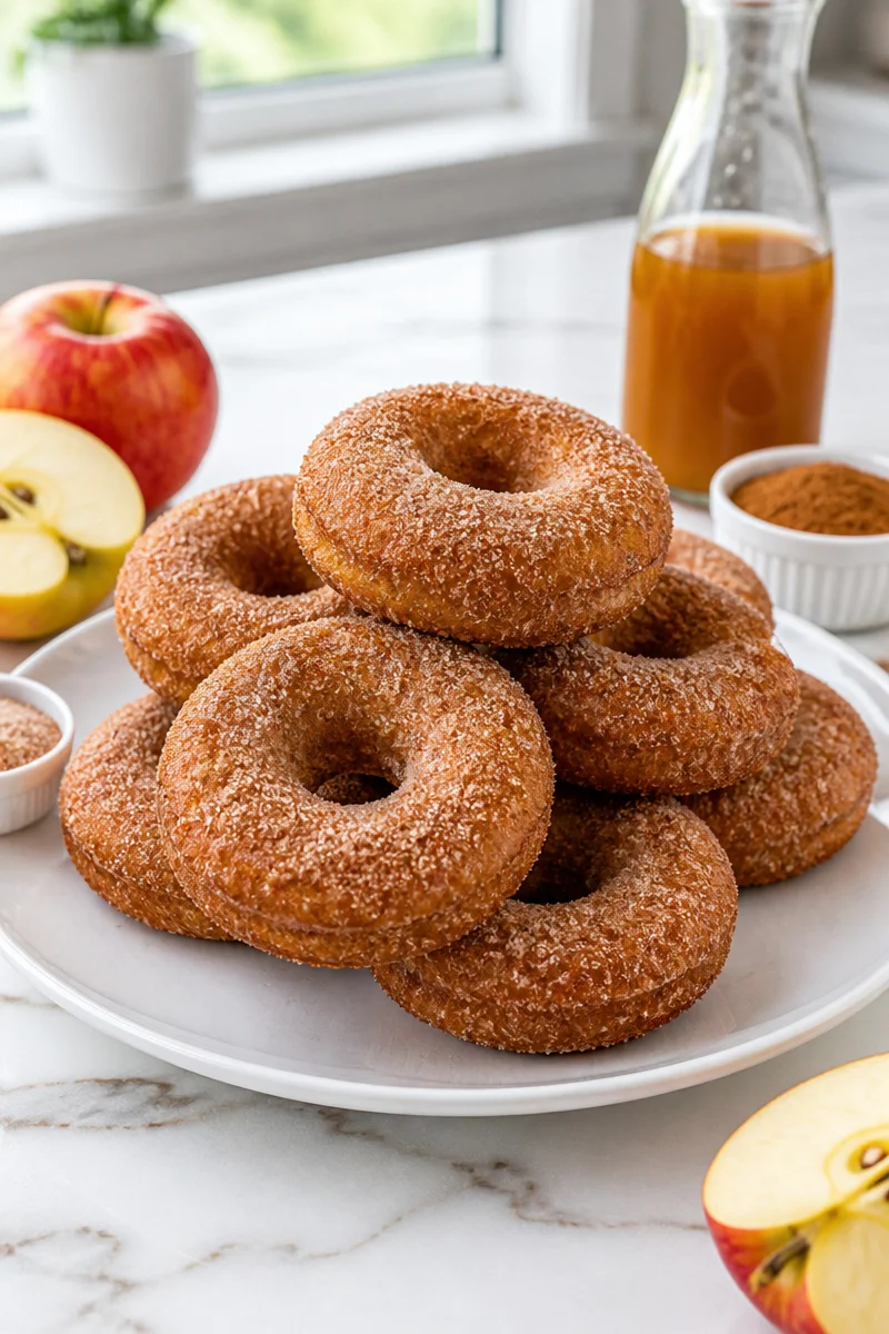 Homemade baked apple cider donuts on a rustic wooden table.