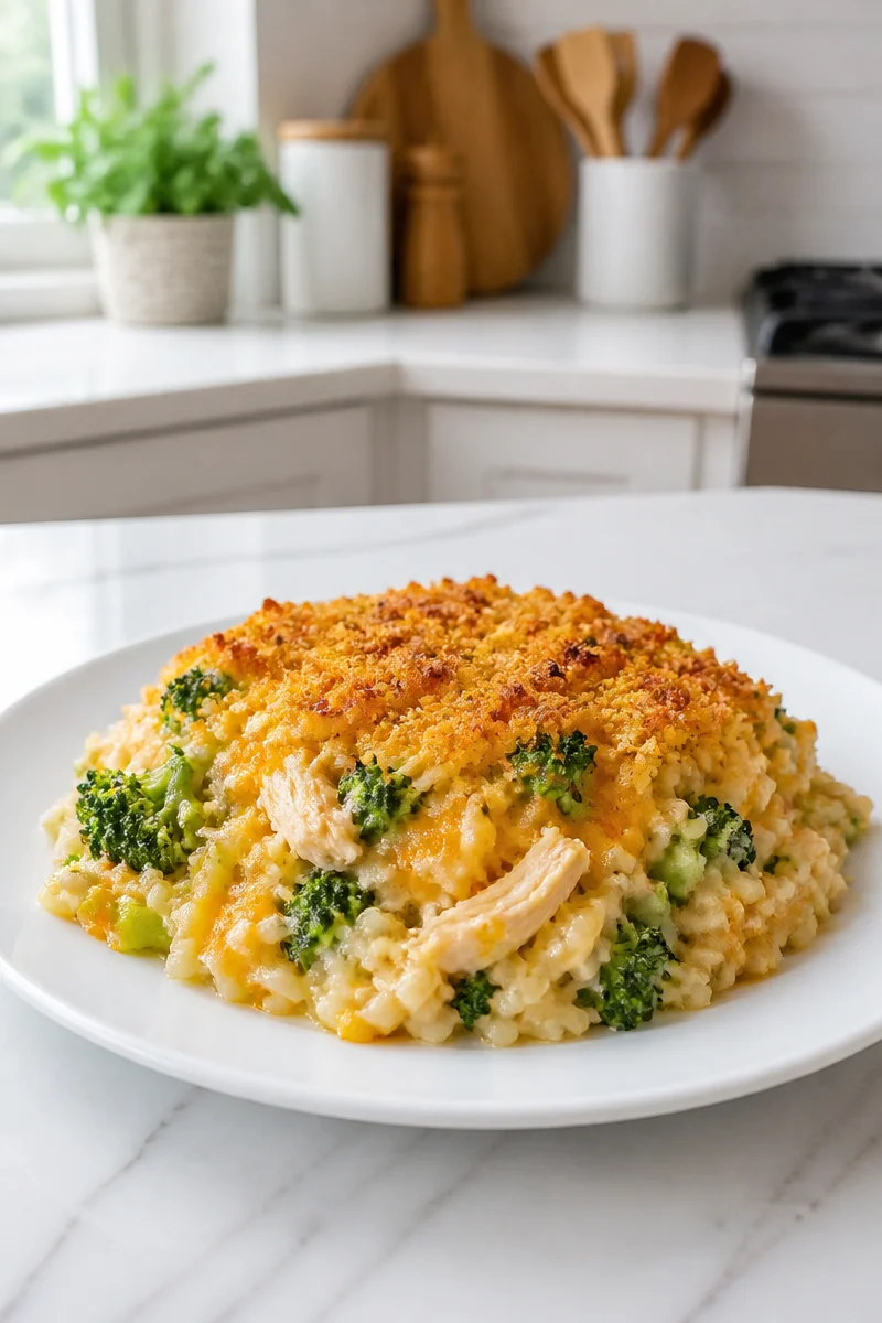 Broccoli Cheddar Chicken Rice Casserole in a baked dish