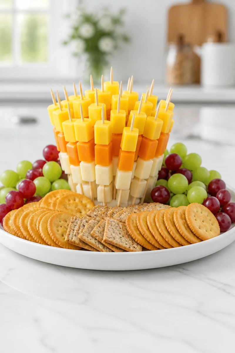 Colorful Candy Corn Cheese Tower party display with various cheeses and decorations.