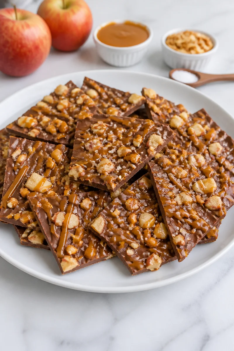 Delicious Caramel Apple Chocolate Bark decorated for Halloween
