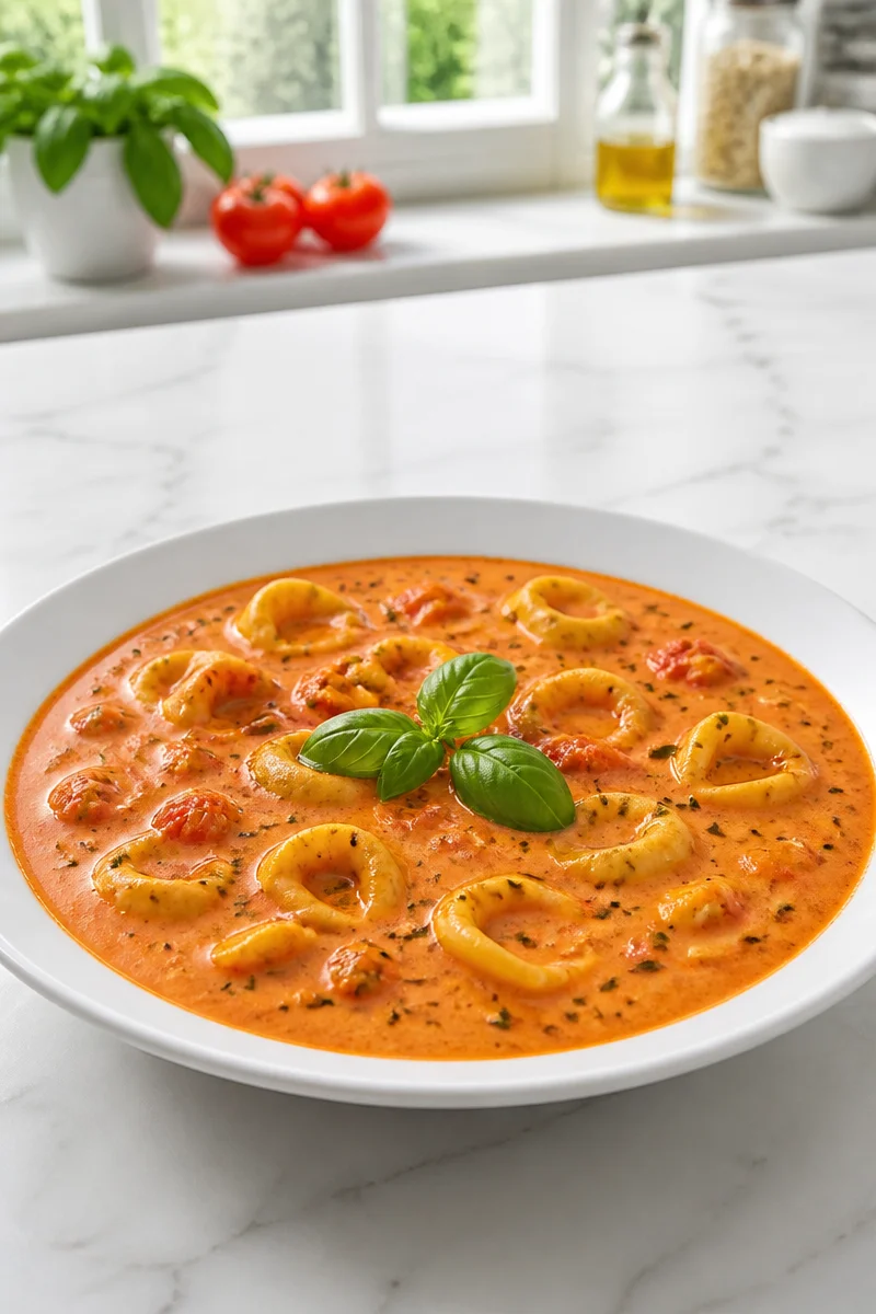 Bowl of creamy tomato basil tortellini soup garnished with fresh basil leaves