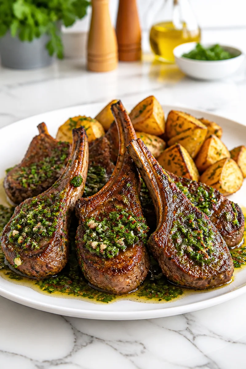 Grilled lamb chop served with mint chimichurri sauce