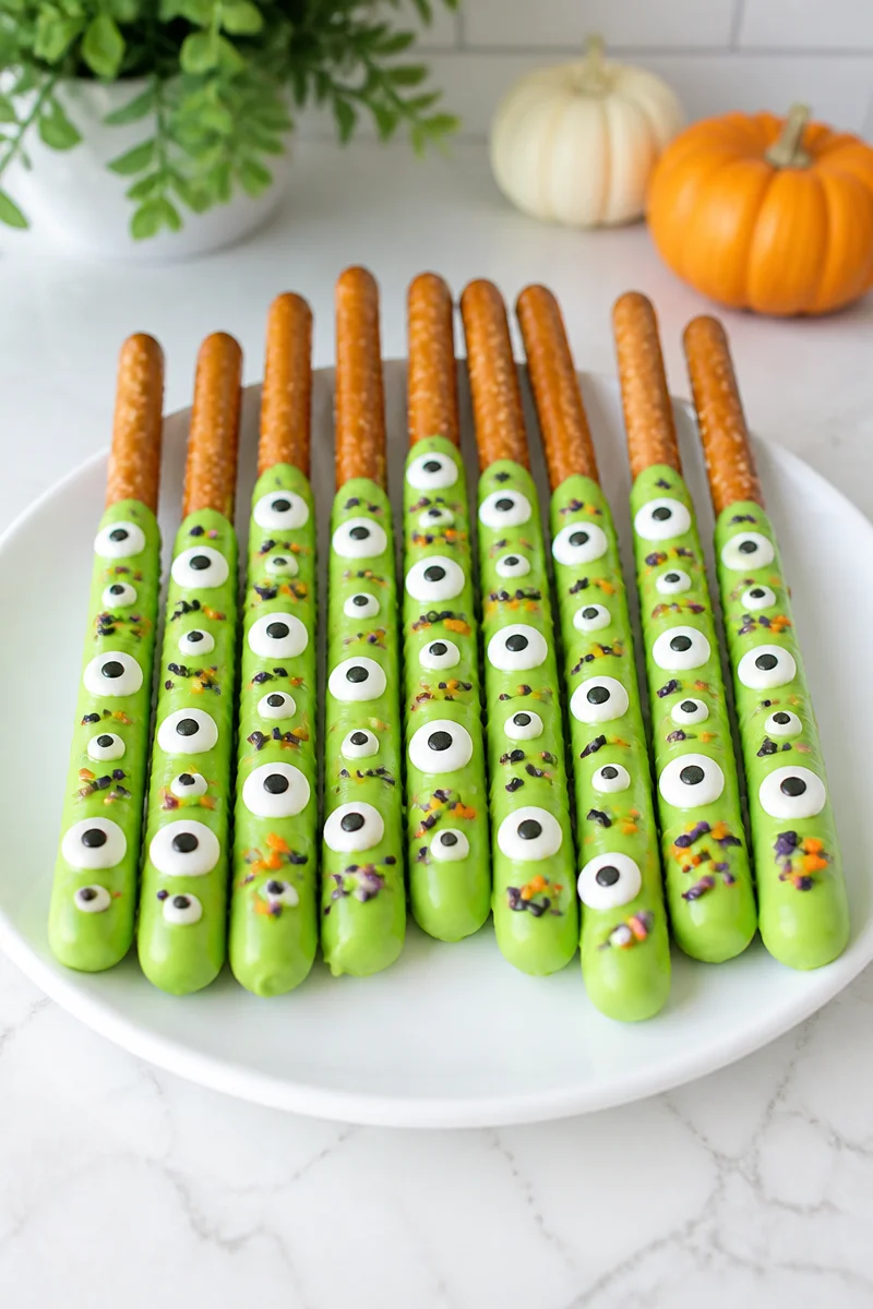 Halloween Pretzel Rod Monster Eyeball treats decorated for spooky festivities