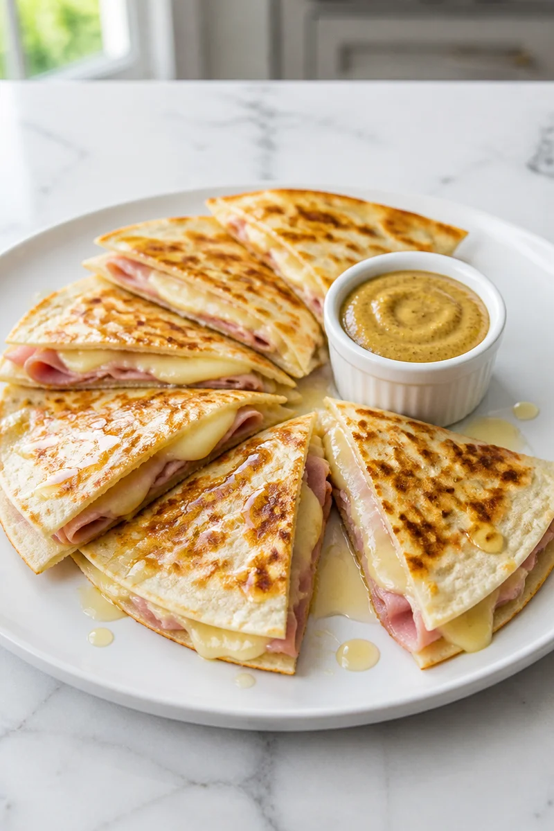 Ham Brie Quesadilla with mustard dip for a gourmet experience