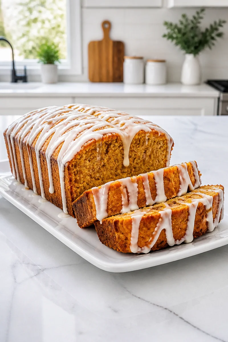 Iced pumpkin loaf topped with cream cheese icing on a wooden table