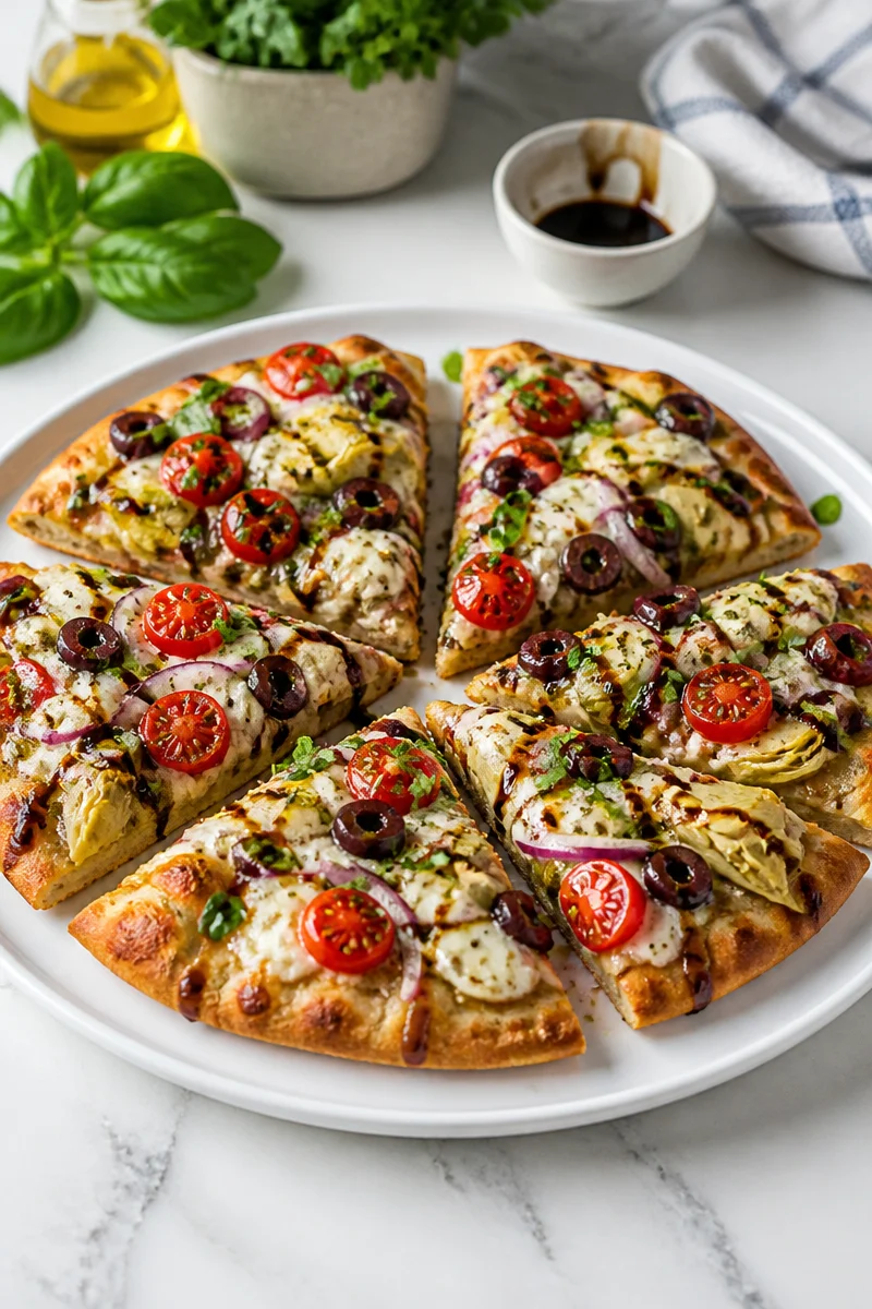 Delicious Loaded Mediterranean Naan Pizza topped with fresh vegetables and herbs.