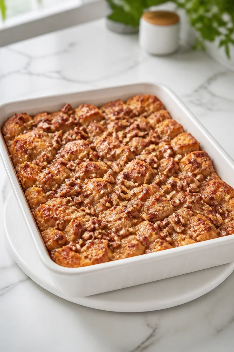 Delicious Maple Pecan Bake served on a rustic table with fall decorations
