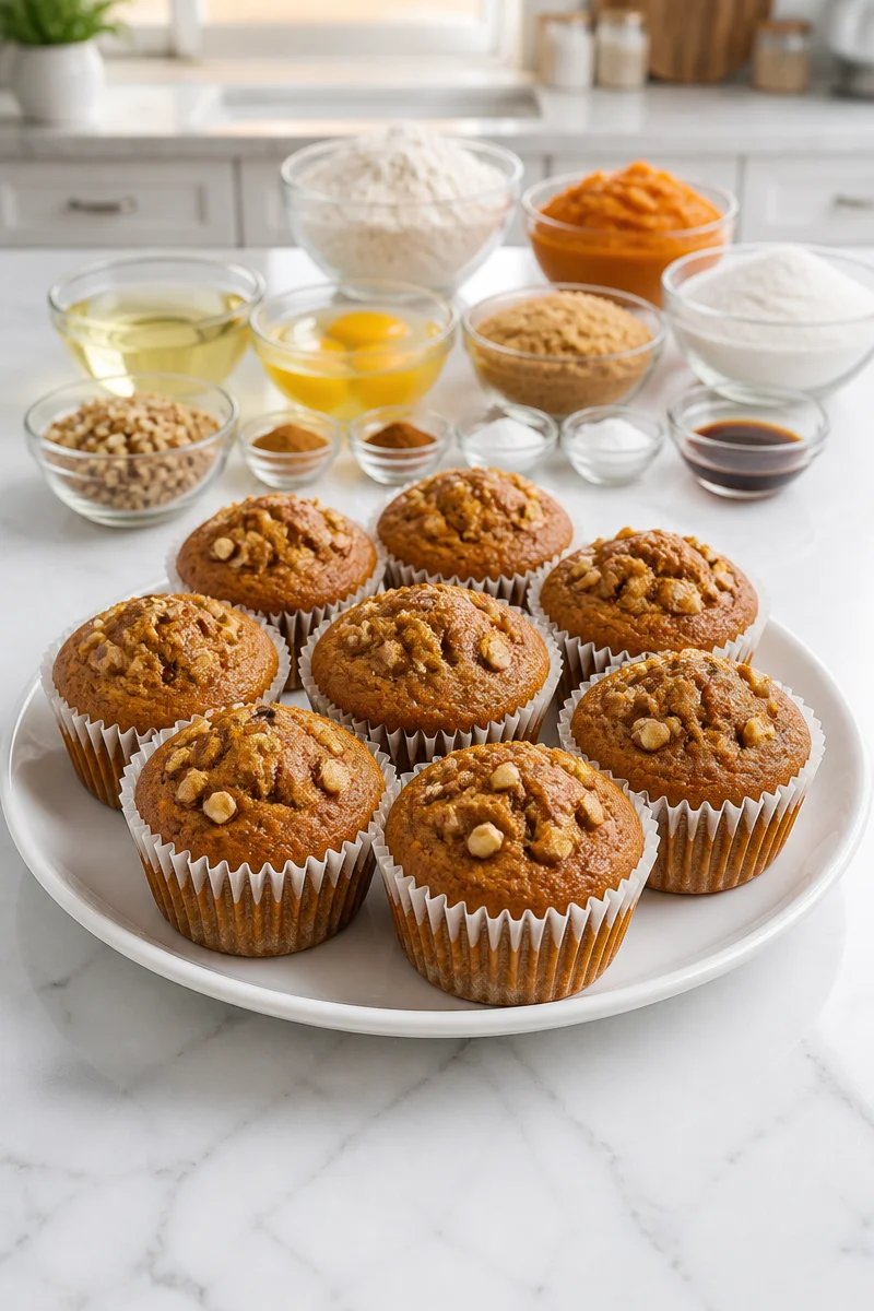 Moist pumpkin spice muffins fresh out of the oven on a cooling rack