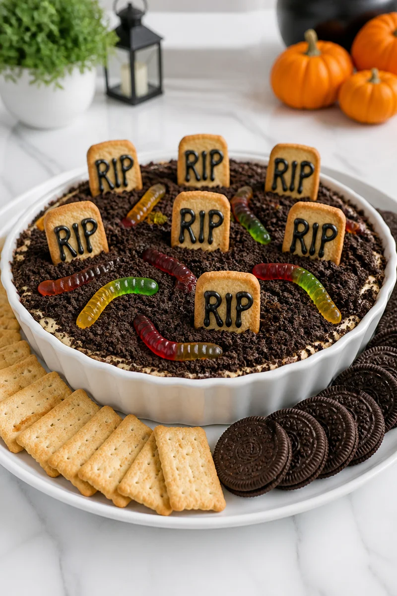 No Bake Halloween Graveyard Cheesecake Dip with spooky decorations