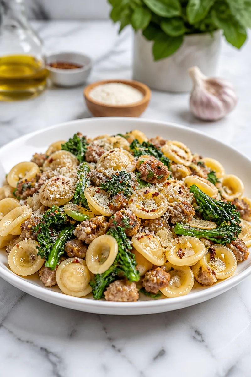 Orecchiette pasta with sausage and broccoli rabe in a delicious mix