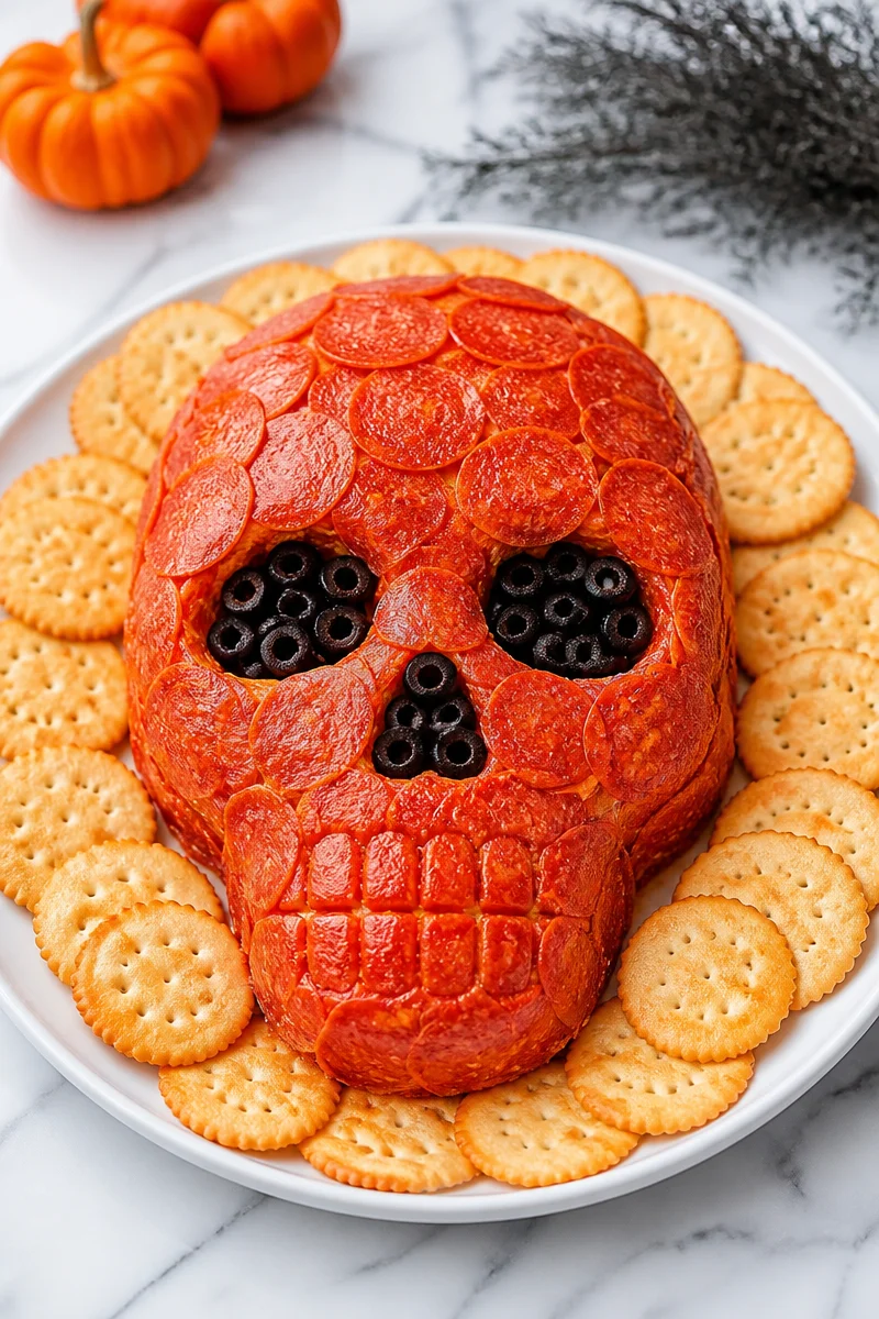 Pepperoni Skull Cheese Ball Snack on a festive platter for Halloween