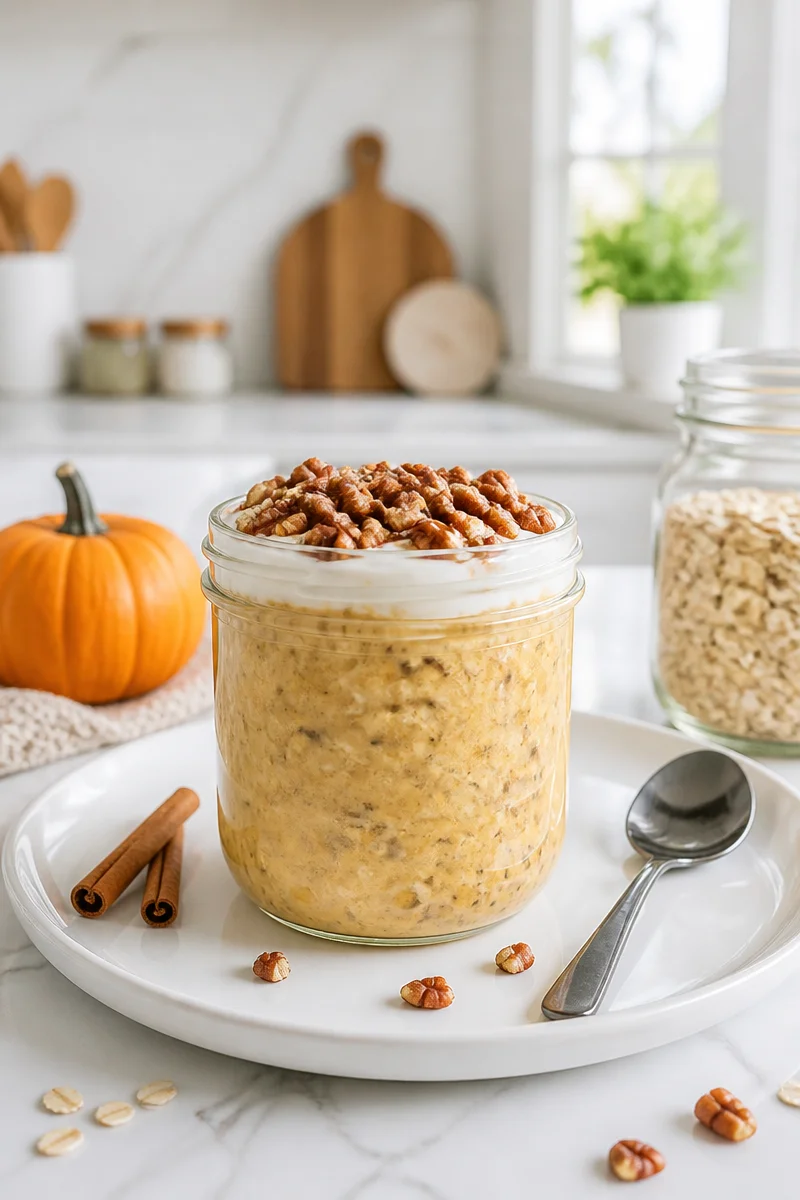 Pumpkin Spice Overnight Oats in a jar topped with spices and pumpkin seeds