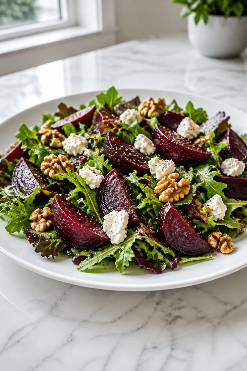Delicious roasted beet goat cheese salad with fresh greens and nuts