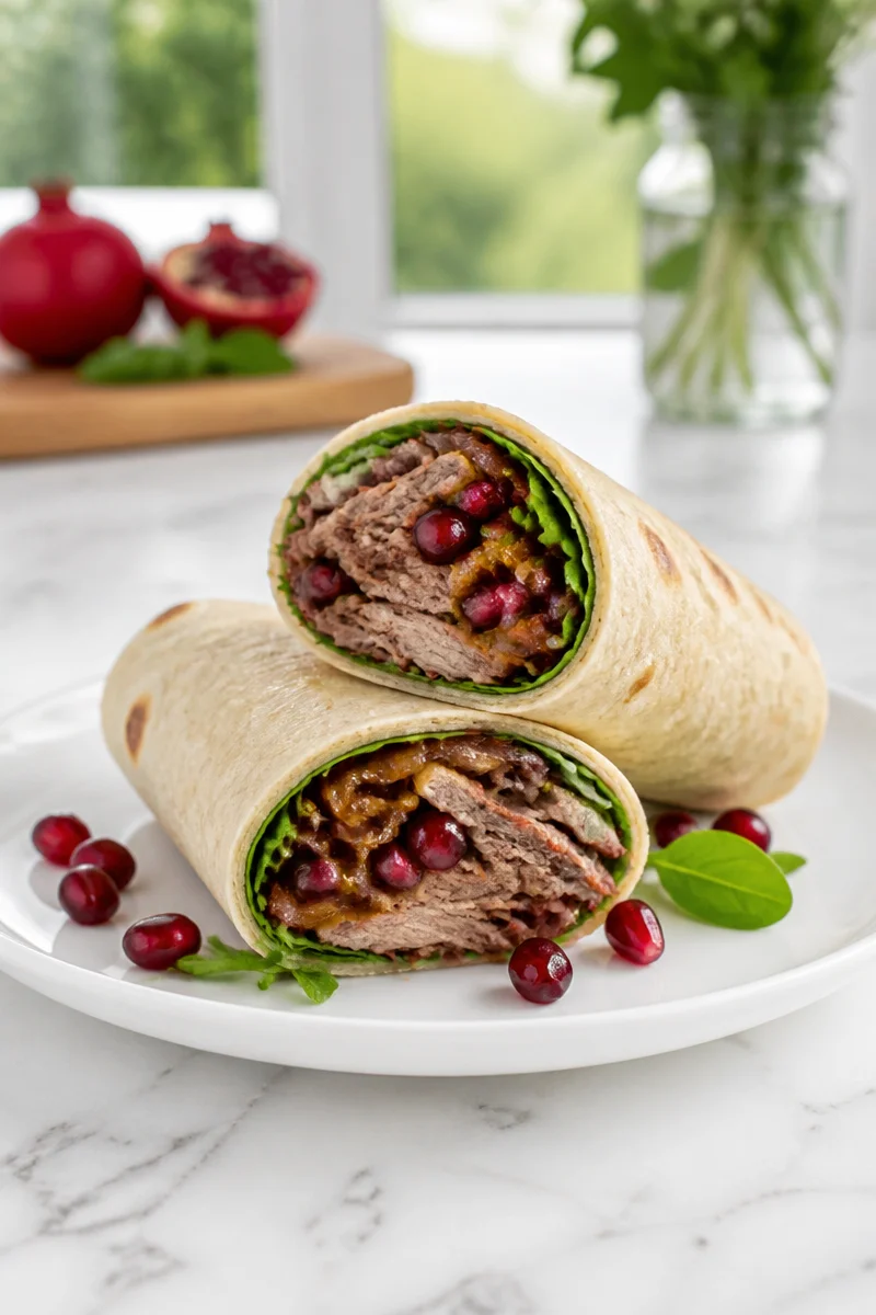 Delicious Rosh Hashanah brisket sandwich wrap on a white plate