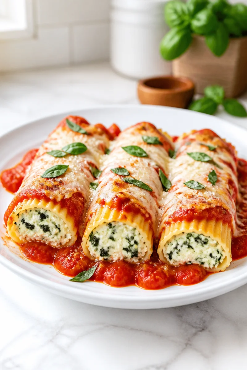Spinach Ricotta Baked Manicotti served in a dish with fresh herbs