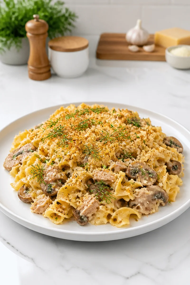 Grown up version of Tuna Noodle Casserole with gourmet ingredients