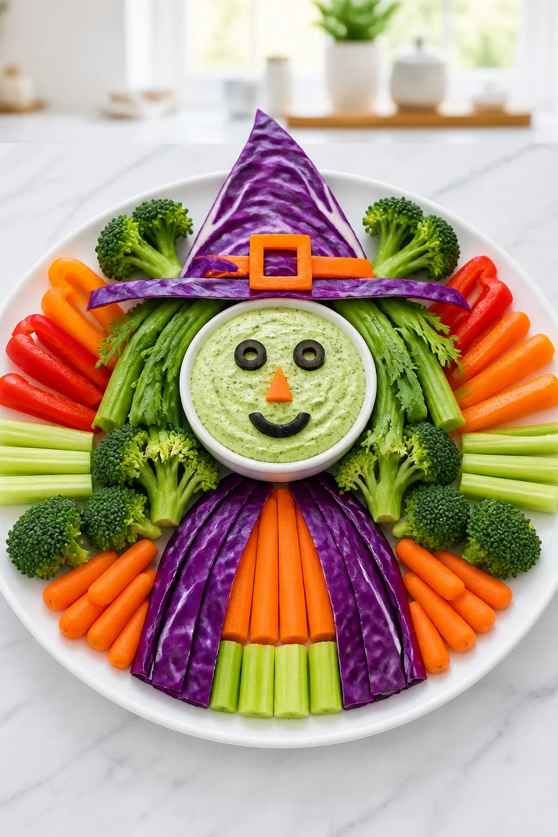 Colorful vegetable tray with witch herb green dip for healthy snacking