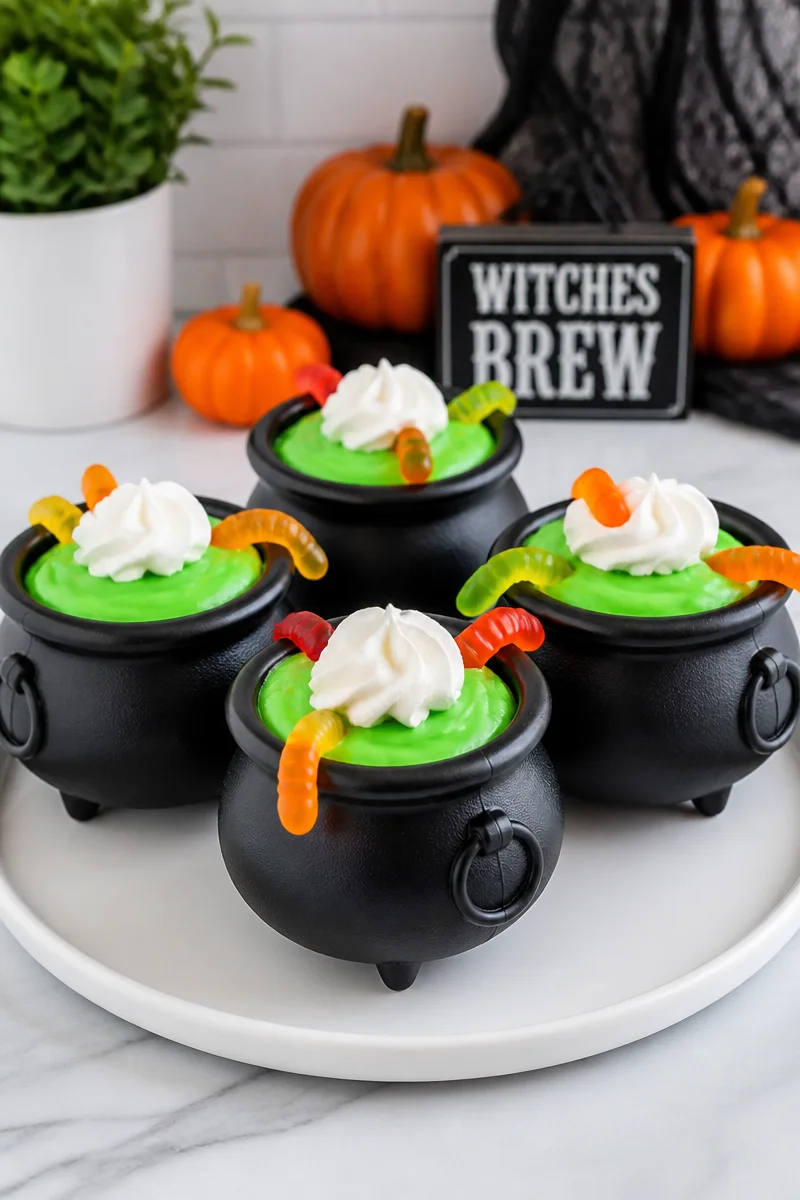 Witch Brew Pudding served in a spooky cauldron bowl for Halloween dessert