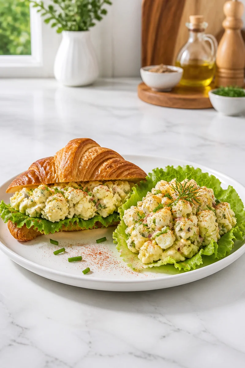 Creamy egg salad with dill served in a bowl, garnished with herbs