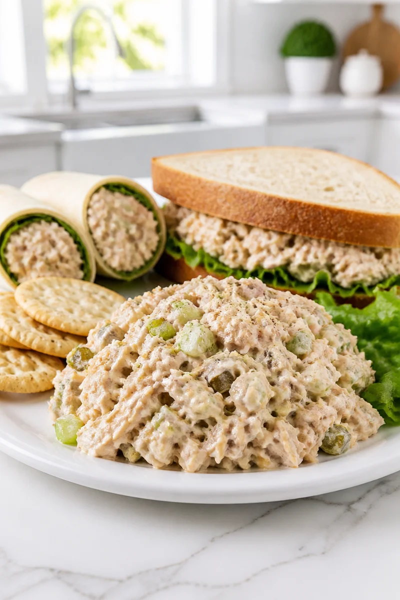Classic creamy tuna salad sandwich filling ready to serve in a fresh loaf.