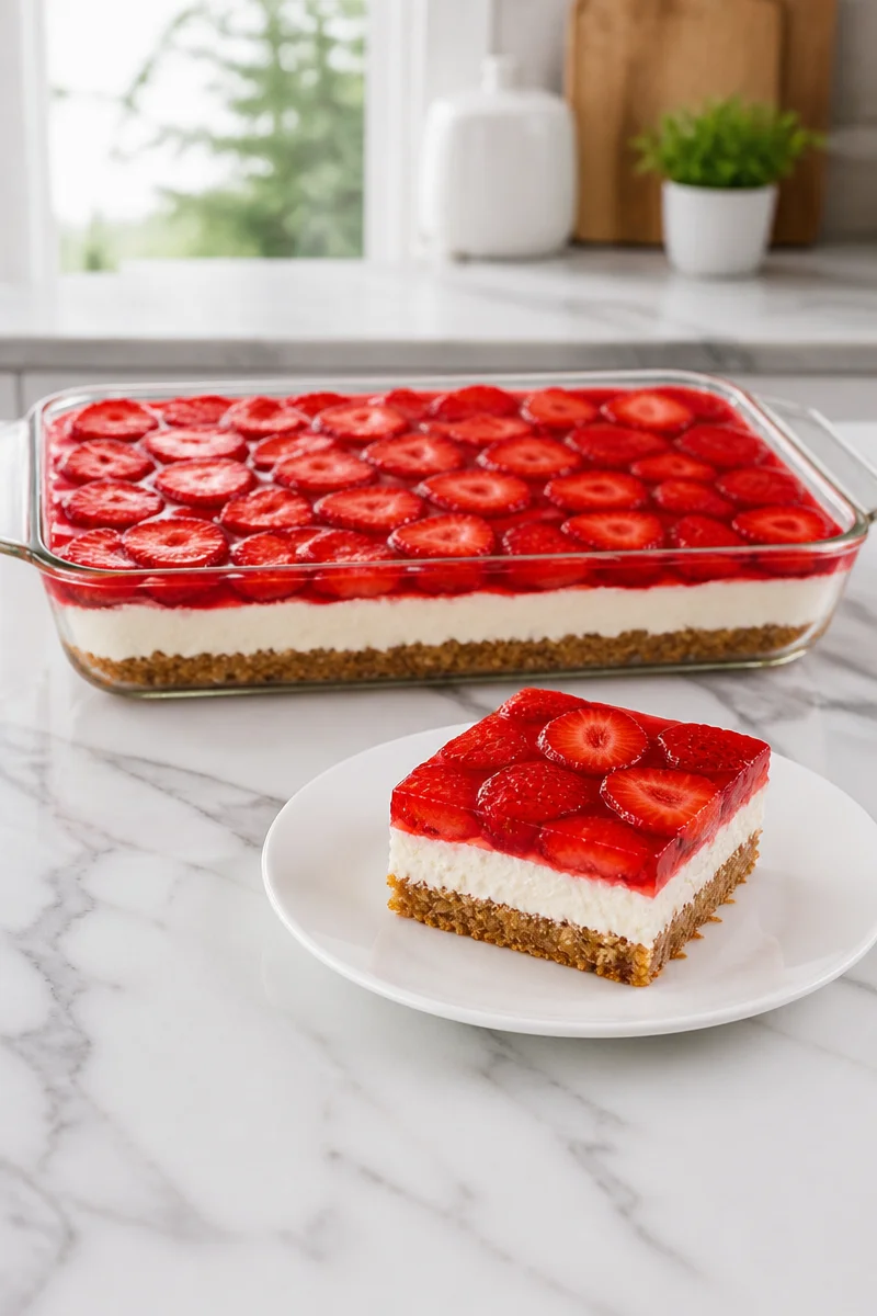 Classic Strawberry Pretzel Salad Dessert with strawberries and pretzel crust