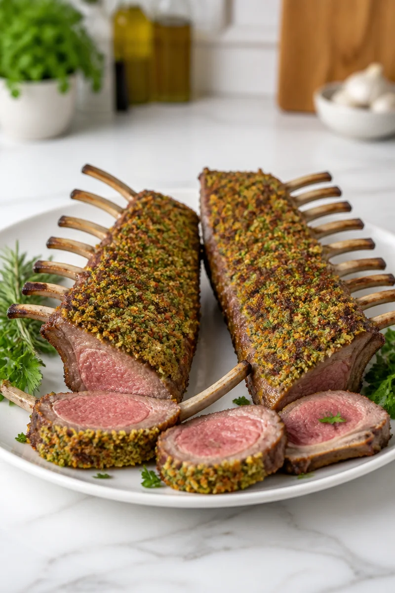 Herb Crusted Rack of Lamb served on a elegant plate