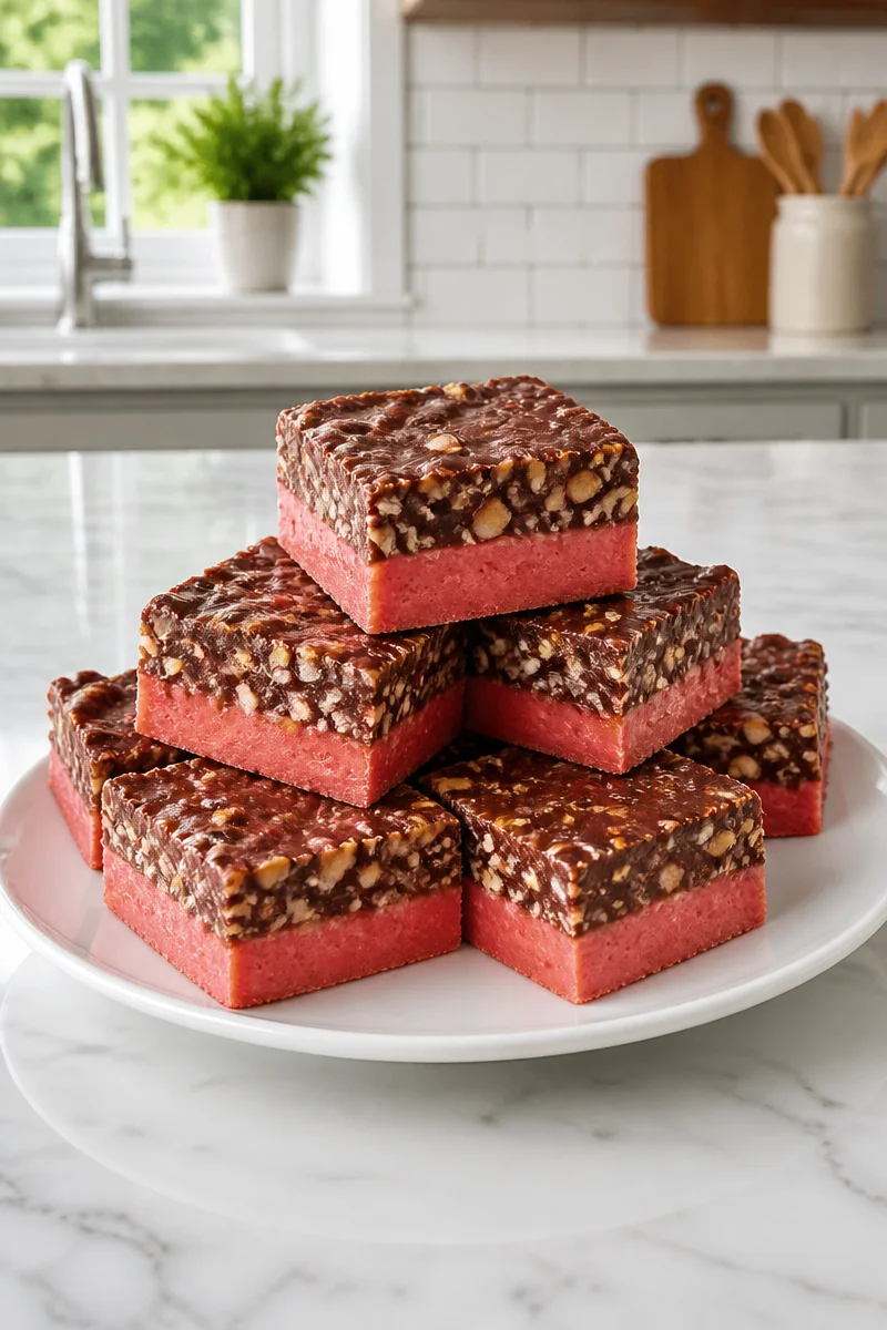 Homemade cherry mash candy bars on a wooden table with cherry garnish.