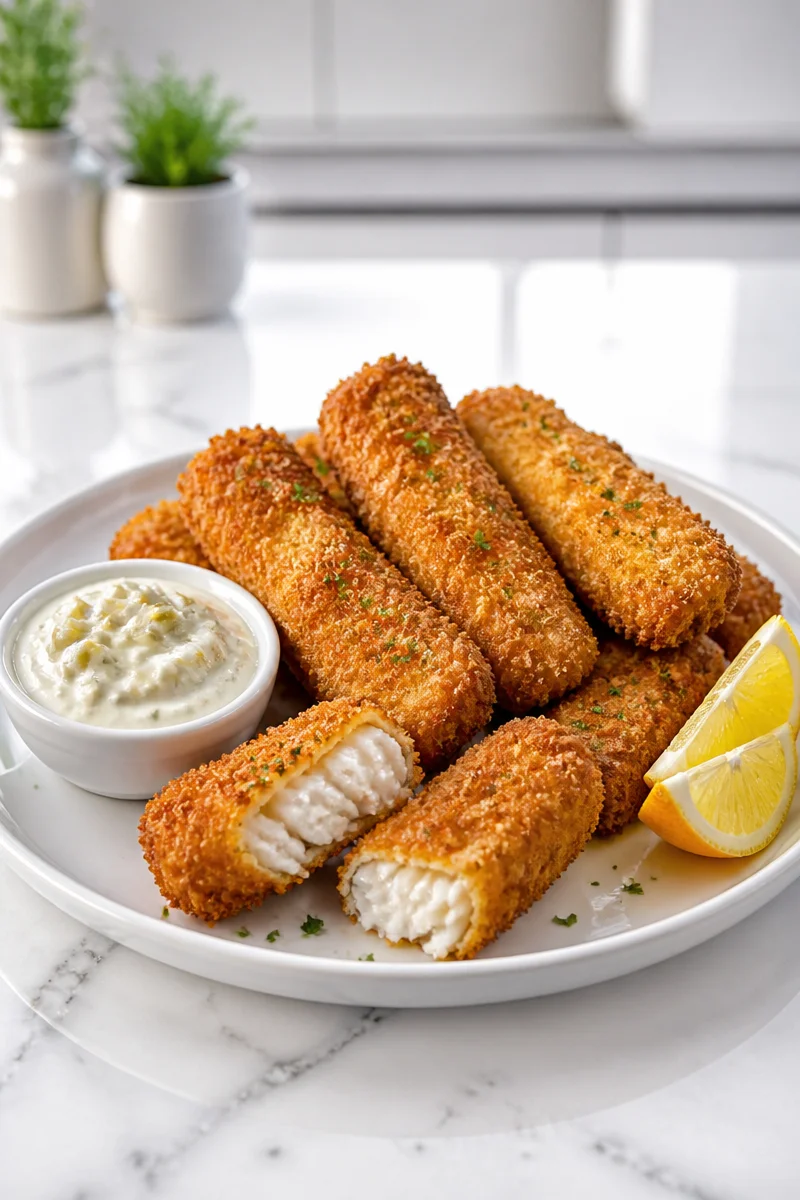 Homemade fish sticks served with tartar sauce on a plate