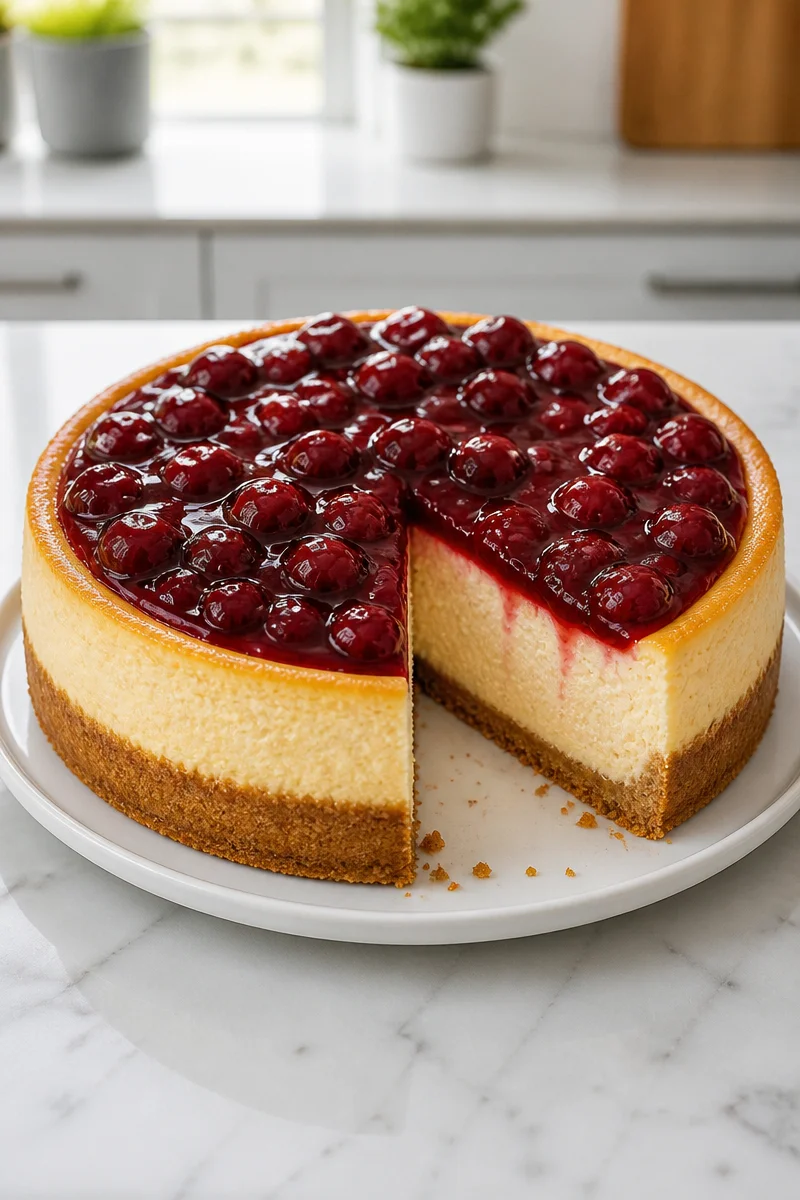 Delicious New York Cheesecake topped with fresh cherry sauce and whipped cream