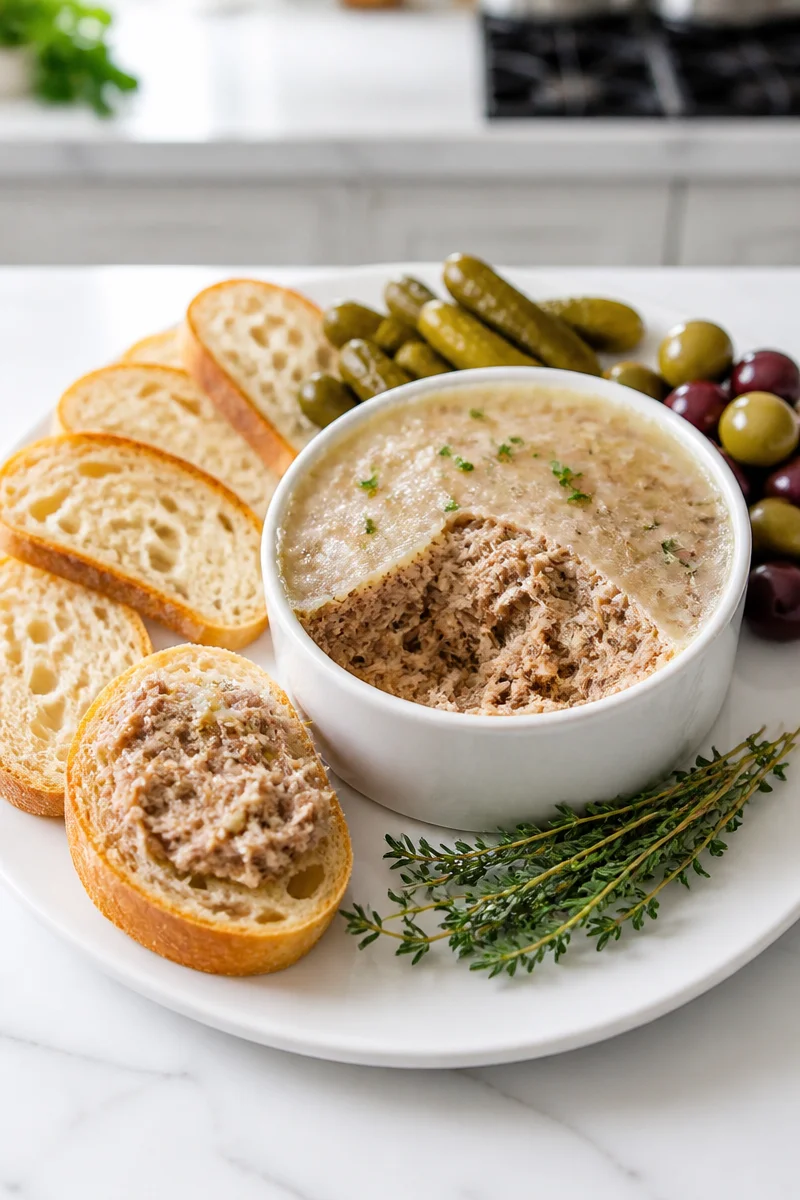 Rustic French Pork Rillettes de Porc served in a dish