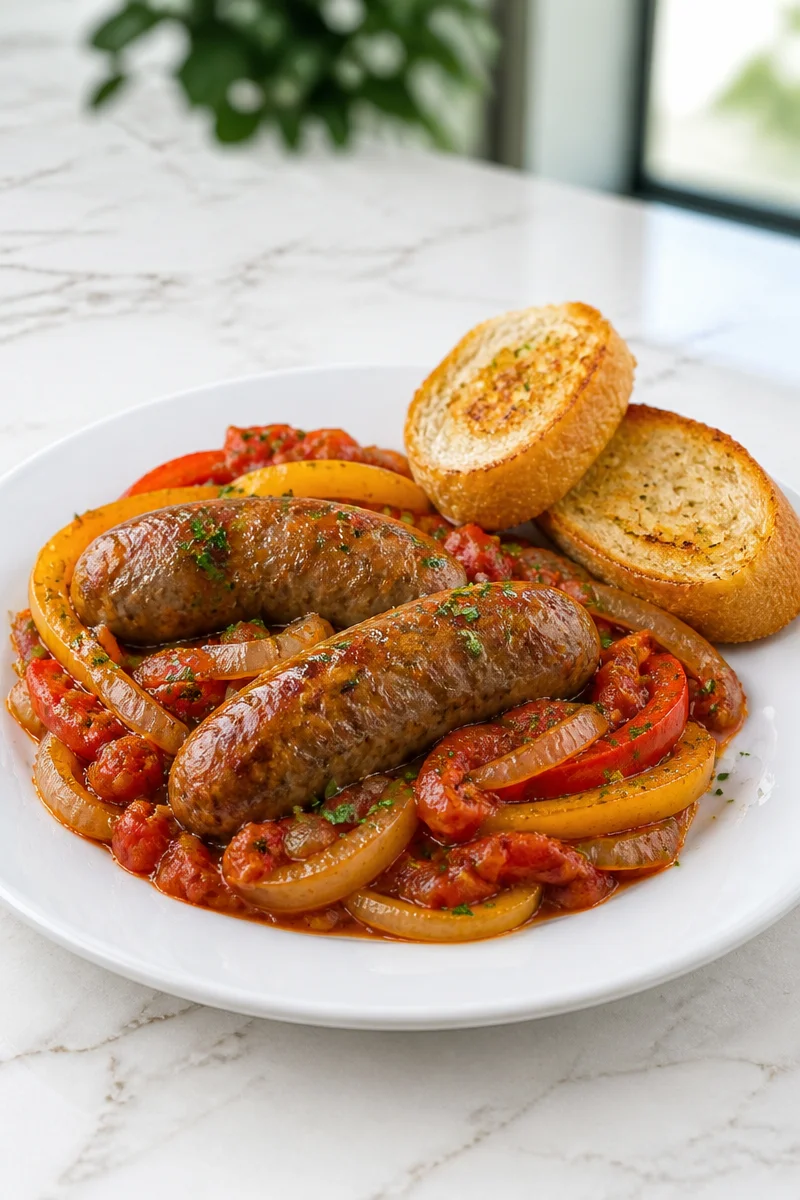 Skillet Italian sausage and peppers dish served in a vibrant cast iron skillet