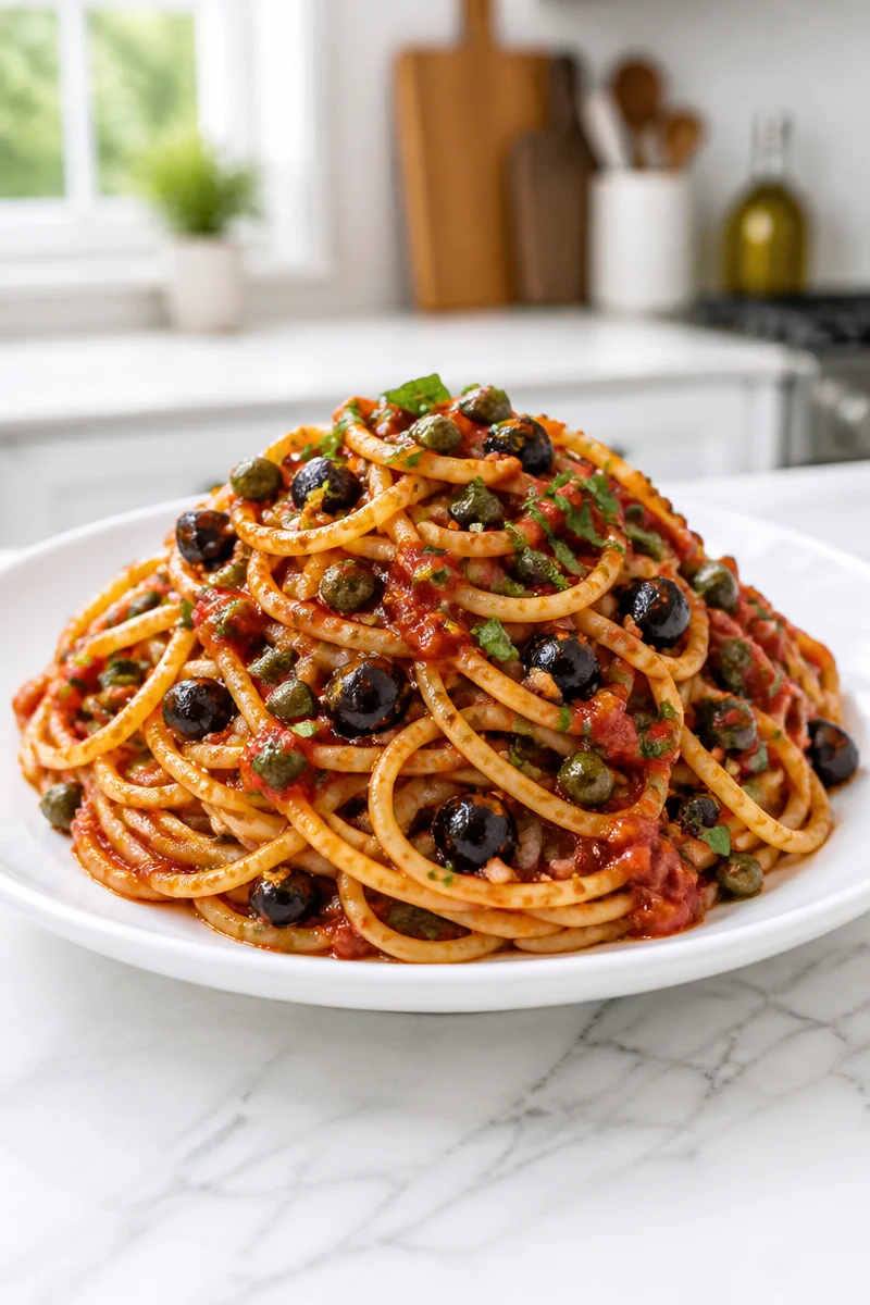 Plate of Spaghetti alla Puttanesca with olives and capers garnished with parsley.
