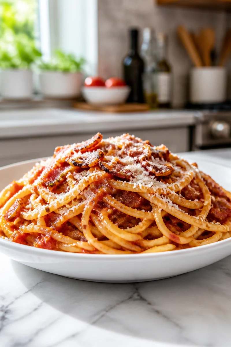 Delicious Spaghetti all'Amatriciana topped with crispy guanciale.