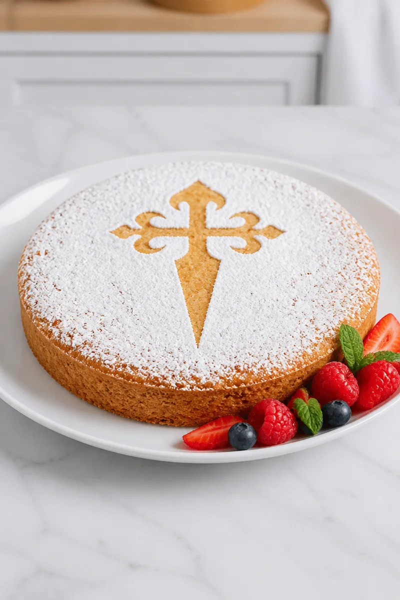 Delicious Spanish almond cake Tarta de Santiago topped with powdered sugar.
